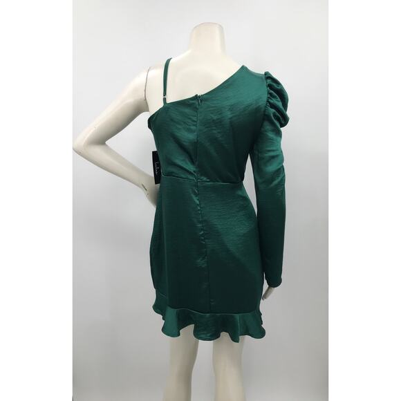 Lulus Green Satin One Shoulder Puff Sleeve Ruffle Trim Mini Dress L Party - Picture 6 of 10